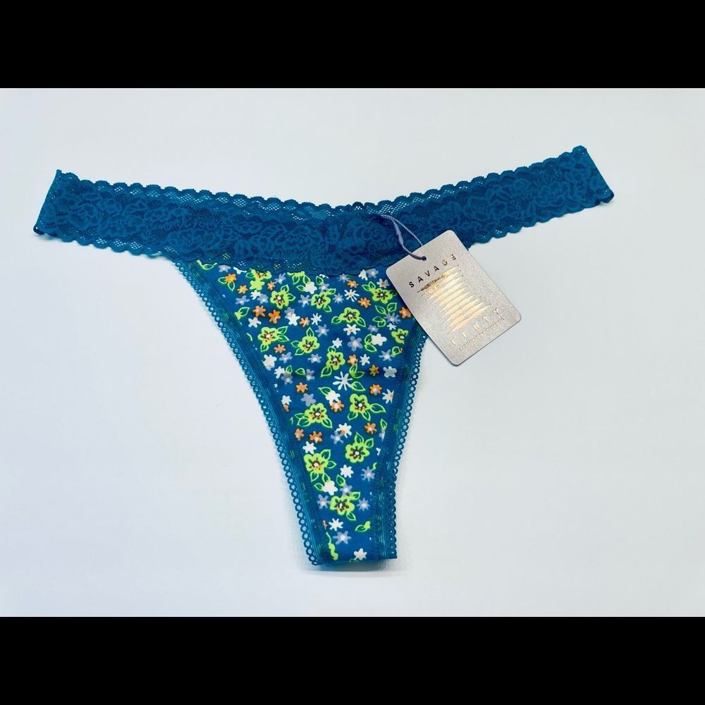 Savage‎ X Fenty Thong Womens Large Blue Floral Lace Trim Low Rise Panty NEW